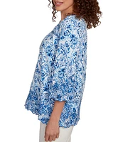 Ruby Rd. Cotton-Blend Embroidered Printed Scoop Neck 3/4 Sleeve Top