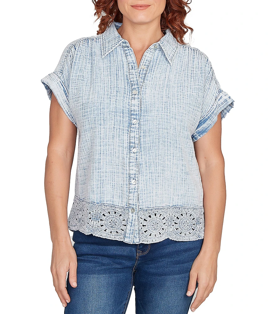 Ruby Rd. Cotton Gauze Crochet Point Collar Short Rolled Cuff Sleeve Shirt