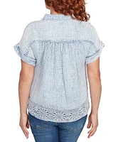 Ruby Rd. Cotton Gauze Crochet Point Collar Short Rolled Cuff Sleeve Shirt