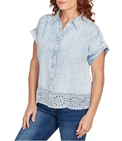 Ruby Rd. Cotton Gauze Crochet Point Collar Short Rolled Cuff Sleeve Shirt