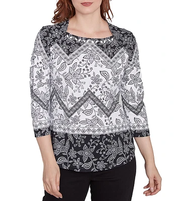 Ruby Rd. Cotton Mixed Print Square Neck 3/4 Sleeve Top