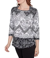Ruby Rd. Cotton Mixed Print Square Neck 3/4 Sleeve Top