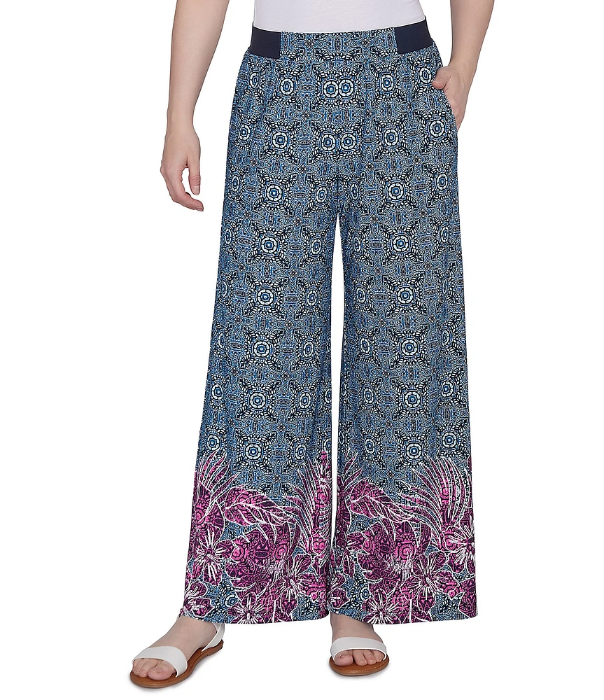 Ruby Rd. Crepe Knit Floral Border Print Wide-Leg Pull-On Pants