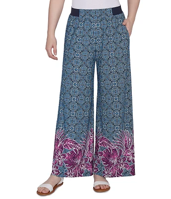 Ruby Rd. Crepe Knit Floral Border Print Wide-Leg Pull-On Pants