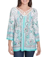 Ruby Rd. Crepe Knit Printed Lace Trim V-Neck 3/4 Sleeve Top