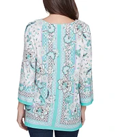 Ruby Rd. Crepe Knit Printed Lace Trim V-Neck 3/4 Sleeve Top