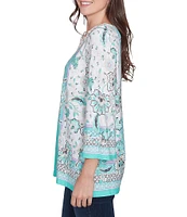 Ruby Rd. Crepe Knit Printed Lace Trim V-Neck 3/4 Sleeve Top