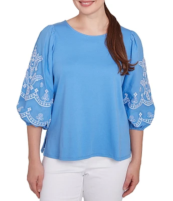 Ruby Rd. Crew Neck 3/4 Embroidery Puff Sleeve Side Slit Knit Top
