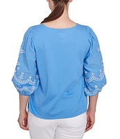 Ruby Rd. Crew Neck 3/4 Embroidery Puff Sleeve Side Slit Knit Top