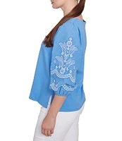 Ruby Rd. Crew Neck 3/4 Embroidery Puff Sleeve Side Slit Knit Top