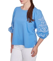 Ruby Rd. Crew Neck 3/4 Embroidery Puff Sleeve Side Slit Knit Top