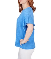 Ruby Rd. Crew Neck Short Flounce Sleeve Decorative Smocked Knit Top