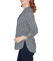 Ruby Rd. Crinkle Knit Band Split V-Neck Roll-Tab Sleeve Two Button Front Placket Tunic