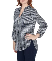 Ruby Rd. Crinkle Knit Band Split V-Neck Roll-Tab Sleeve Two Button Front Placket Tunic