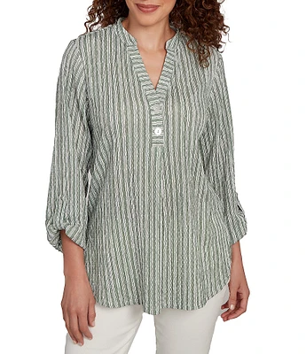 Ruby Rd. Crinkle Knit Stripe V-Neck Long Roll-Tab Sleeve Henley Top
