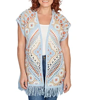 Ruby Rd. Crochet Geometric Cap Sleeve Open-Front Cardigan