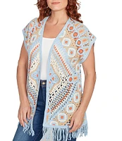 Ruby Rd. Crochet Geometric Cap Sleeve Open-Front Cardigan