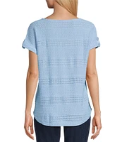 Ruby Rd. Crochet Knit Boat Neck Short Button Tab Sleeve Top