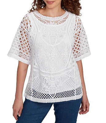 Ruby Rd. Crochet Lace Scoop Neck Elbow Length Sleeve Top