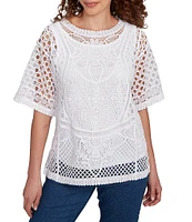 Ruby Rd. Crochet Lace Scoop Neck Elbow Length Sleeve Top