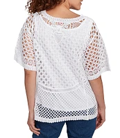 Ruby Rd. Crochet Lace Scoop Neck Elbow Length Sleeve Top