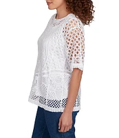 Ruby Rd. Crochet Lace Scoop Neck Elbow Length Sleeve Top
