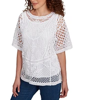 Ruby Rd. Crochet Lace Scoop Neck Elbow Length Sleeve Top