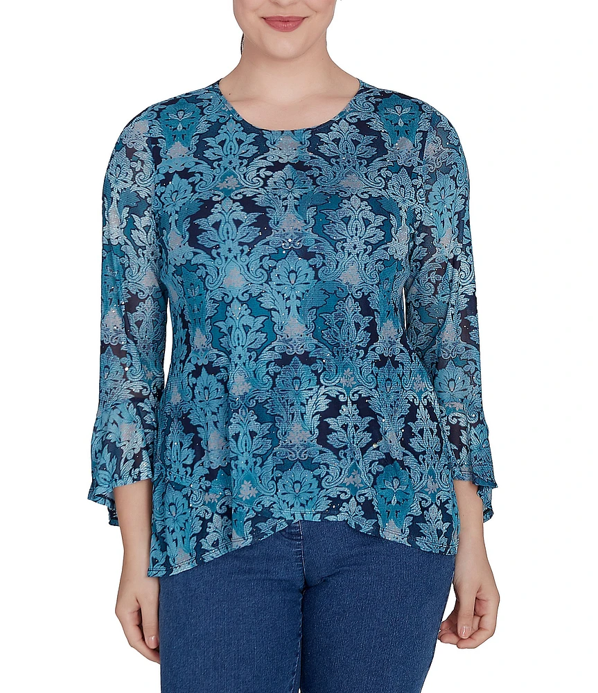 Ruby Rd. Damask Print Crew Neck 3/4 Ruffle Sleeve Mesh Top