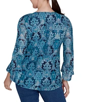 Ruby Rd. Damask Print Crew Neck 3/4 Ruffle Sleeve Mesh Top