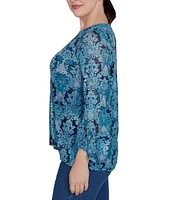 Ruby Rd. Damask Print Crew Neck 3/4 Ruffle Sleeve Mesh Top