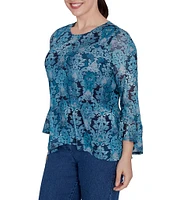 Ruby Rd. Damask Print Crew Neck 3/4 Ruffle Sleeve Mesh Top