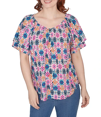 Ruby Rd. Diamond Ikat Abstract Print Gauze V-Neck Double Flounce Short Sleeve Blouse