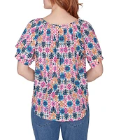 Ruby Rd. Diamond Ikat Abstract Print Gauze V-Neck Double Flounce Short Sleeve Blouse