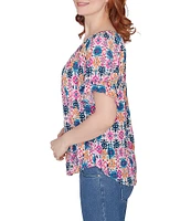Ruby Rd. Diamond Ikat Abstract Print Gauze V-Neck Double Flounce Short Sleeve Blouse