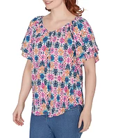 Ruby Rd. Diamond Ikat Abstract Print Gauze V-Neck Double Flounce Short Sleeve Blouse