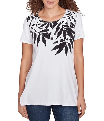 Ruby Rd. Embellished Abstract Palm Print Crew Neck Short Sleeve T-Shirt