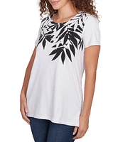 Ruby Rd. Embellished Abstract Palm Print Crew Neck Short Sleeve T-Shirt