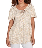 Ruby Rd. Embellished Beaded Macrame Scoop Neck Short Sleeve Top