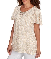 Ruby Rd. Embellished Beaded Macrame Scoop Neck Short Sleeve Top
