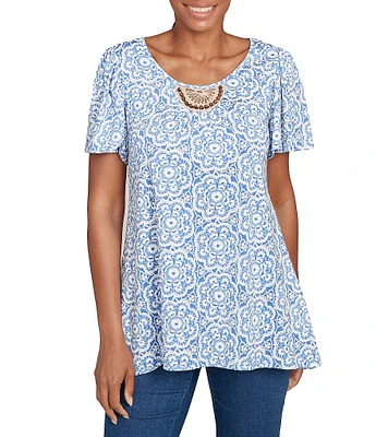 Ruby Rd. Embellished Beaded Macrame Scoop Neck Short Sleeve Top