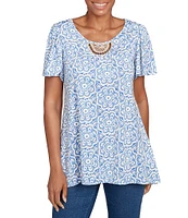 Ruby Rd. Embellished Beaded Macrame Scoop Neck Short Sleeve Top