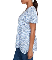 Ruby Rd. Embellished Beaded Macrame Scoop Neck Short Sleeve Top
