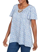 Ruby Rd. Embellished Beaded Macrame Scoop Neck Short Sleeve Top