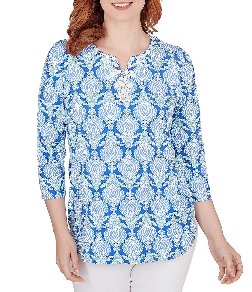 Ruby Rd. Embellished Foulard Print Split Round Neck 3/4 Sleeve Knit Top