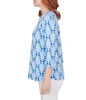 Ruby Rd. Embellished Foulard Print Split Round Neck 3/4 Sleeve Knit Top