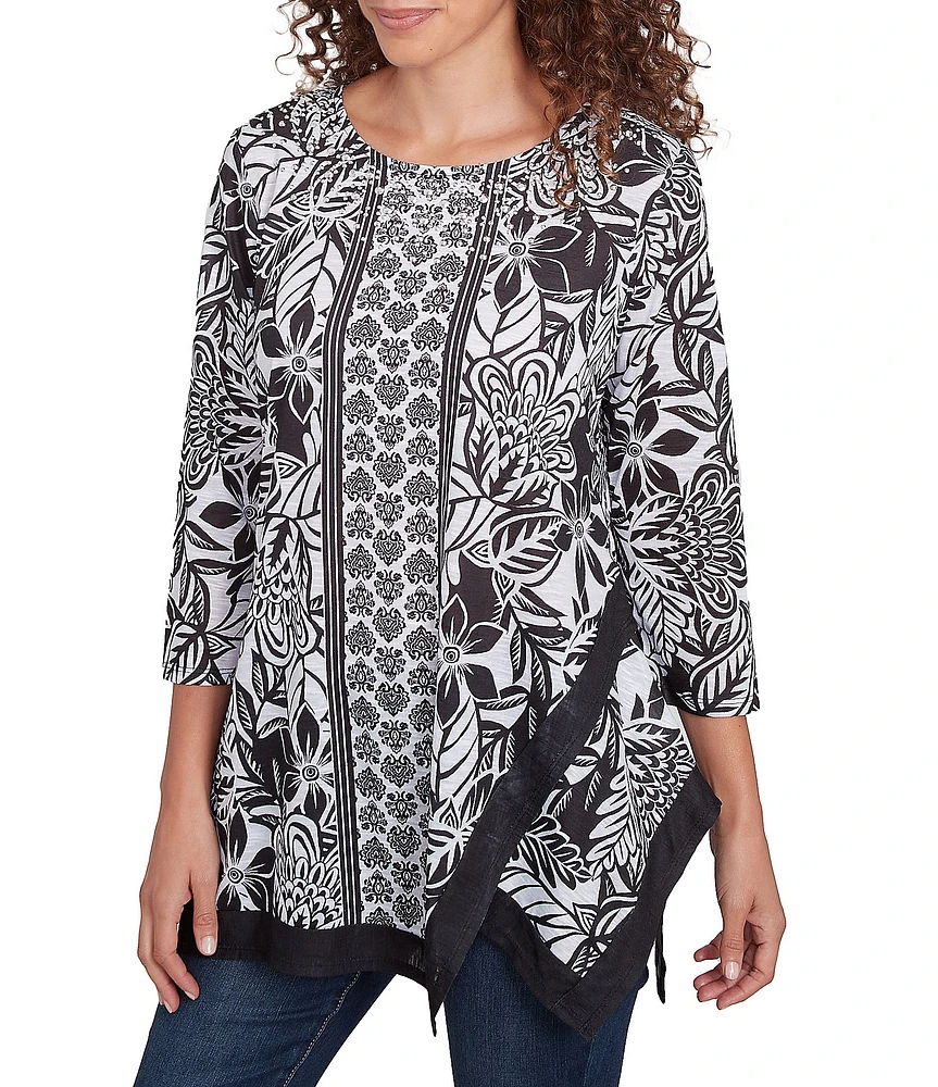 Ruby Rd. Embellished Printed Scoop Neck 3/4 Sleeve Shark-Bite Hem Top