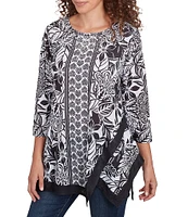 Ruby Rd. Embellished Printed Scoop Neck 3/4 Sleeve Shark-Bite Hem Top