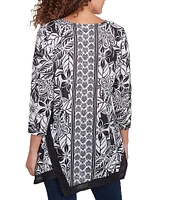 Ruby Rd. Embellished Printed Scoop Neck 3/4 Sleeve Shark-Bite Hem Top