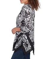 Ruby Rd. Embellished Printed Scoop Neck 3/4 Sleeve Shark-Bite Hem Top