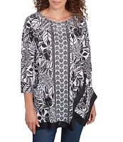 Ruby Rd. Embellished Printed Scoop Neck 3/4 Sleeve Shark-Bite Hem Top